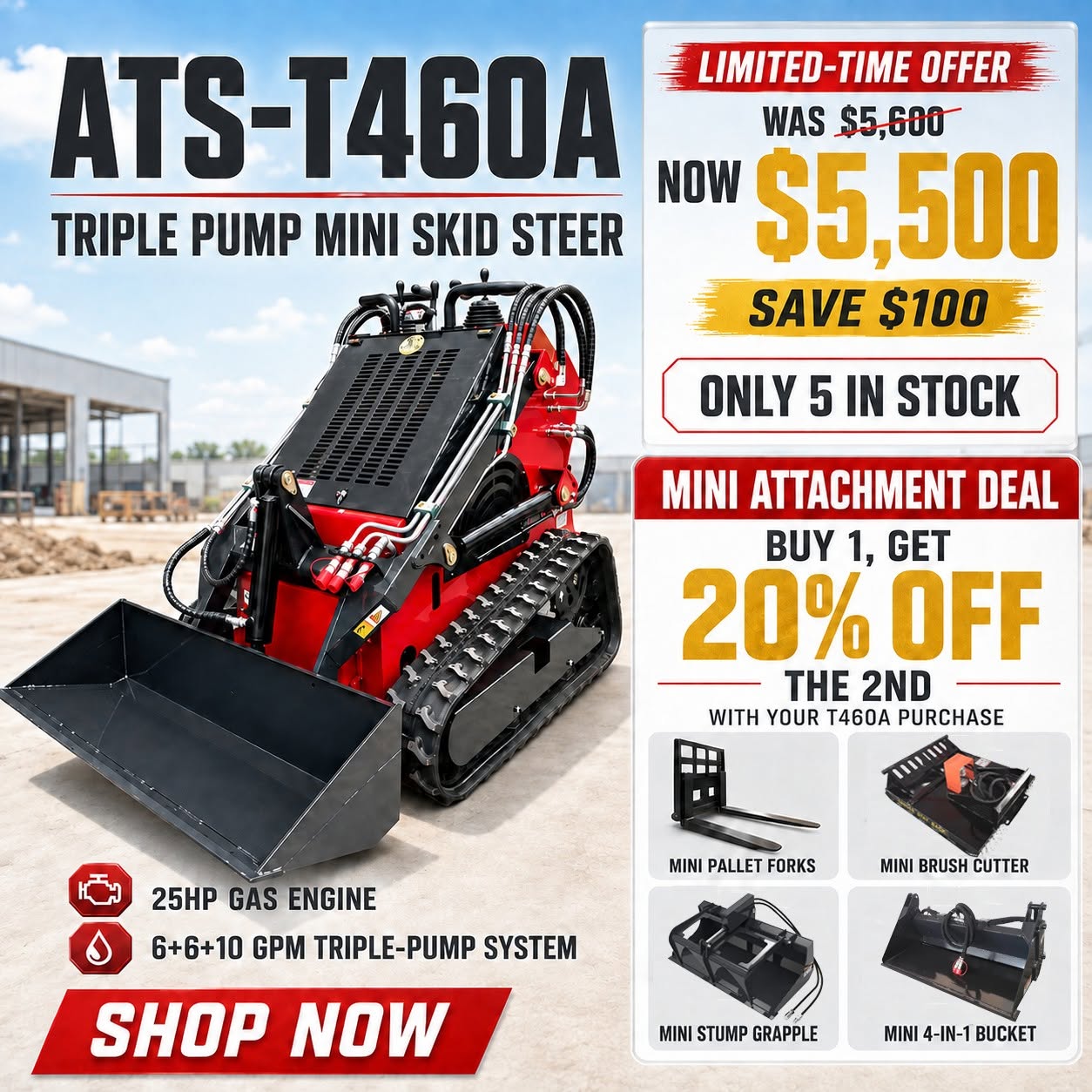 Labor Day Flash Sale｜ATS‑T460A Triple‑Pump Mini Skid Steer Limited Offer