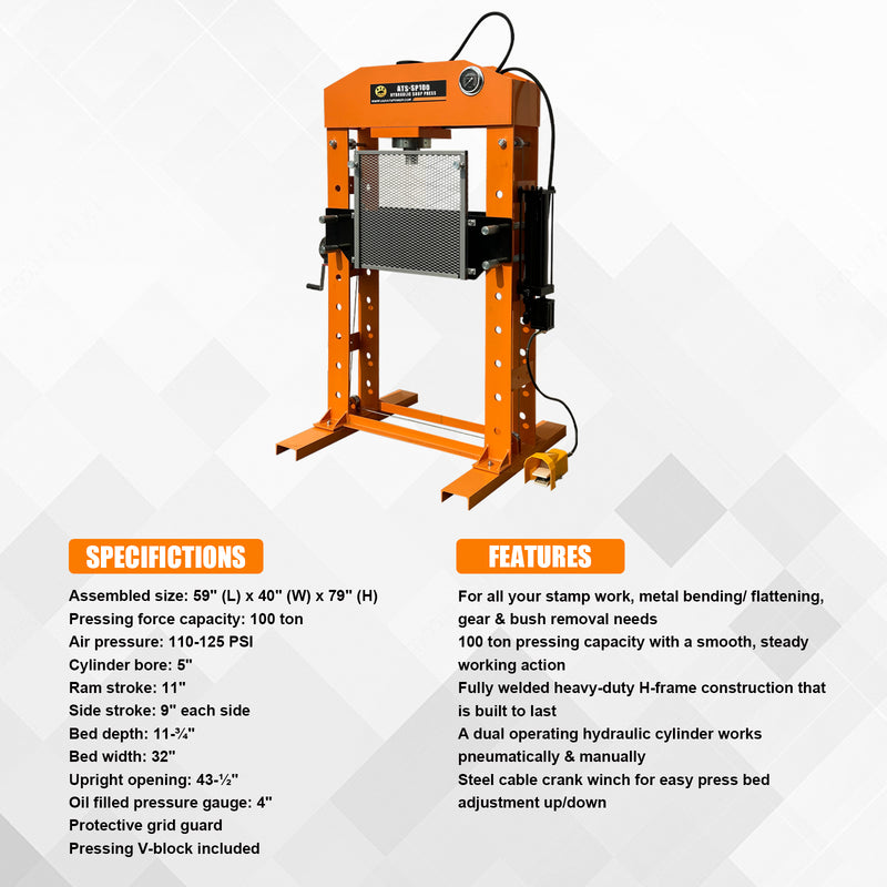 100 TON CAPACITY HYDRAULIC SHOP PRESS