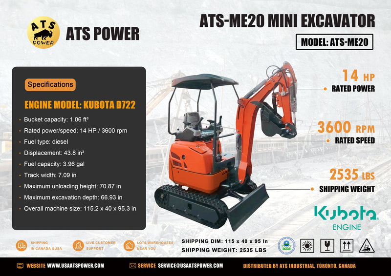 2535 LBS Mini Excavator ATS-ME20 Kubota - Powered